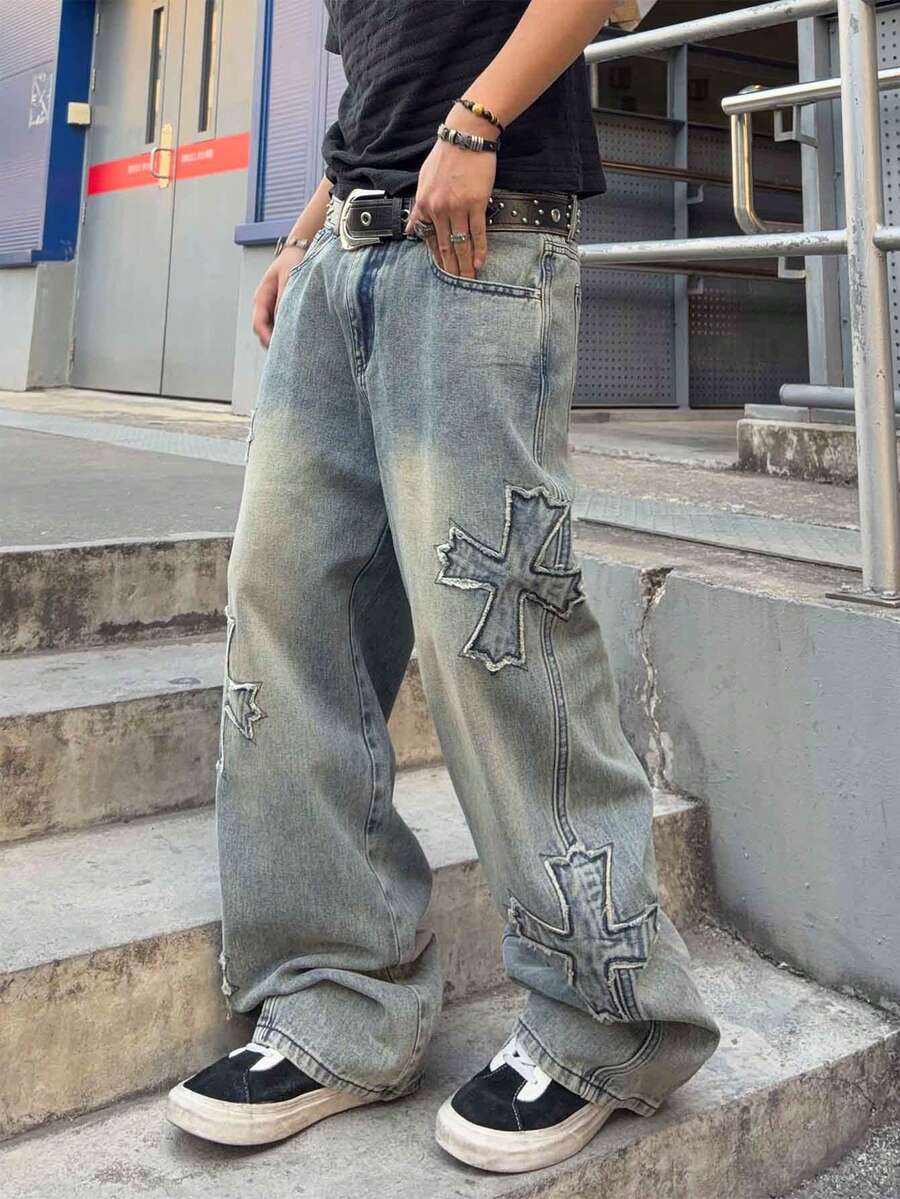 Men's Cross Embroidered Denim Jeans