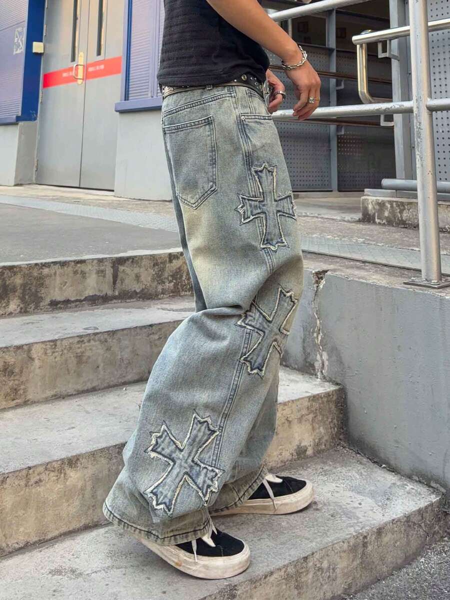 Men's Cross Embroidered Denim Jeans
