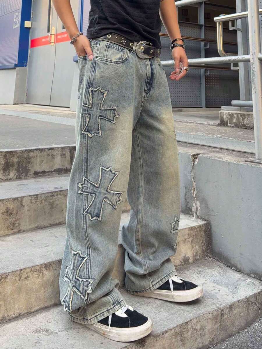 Men's Cross Embroidered Denim Jeans