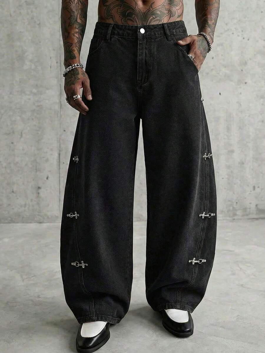 Fashionable Straight Loose Fit Patchwork Frayed Hem Men's Baggy Denim Jeans, Streetwear Style