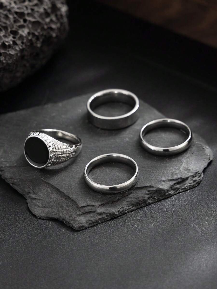Men's 4-Piece Geometric Steel Ring Set