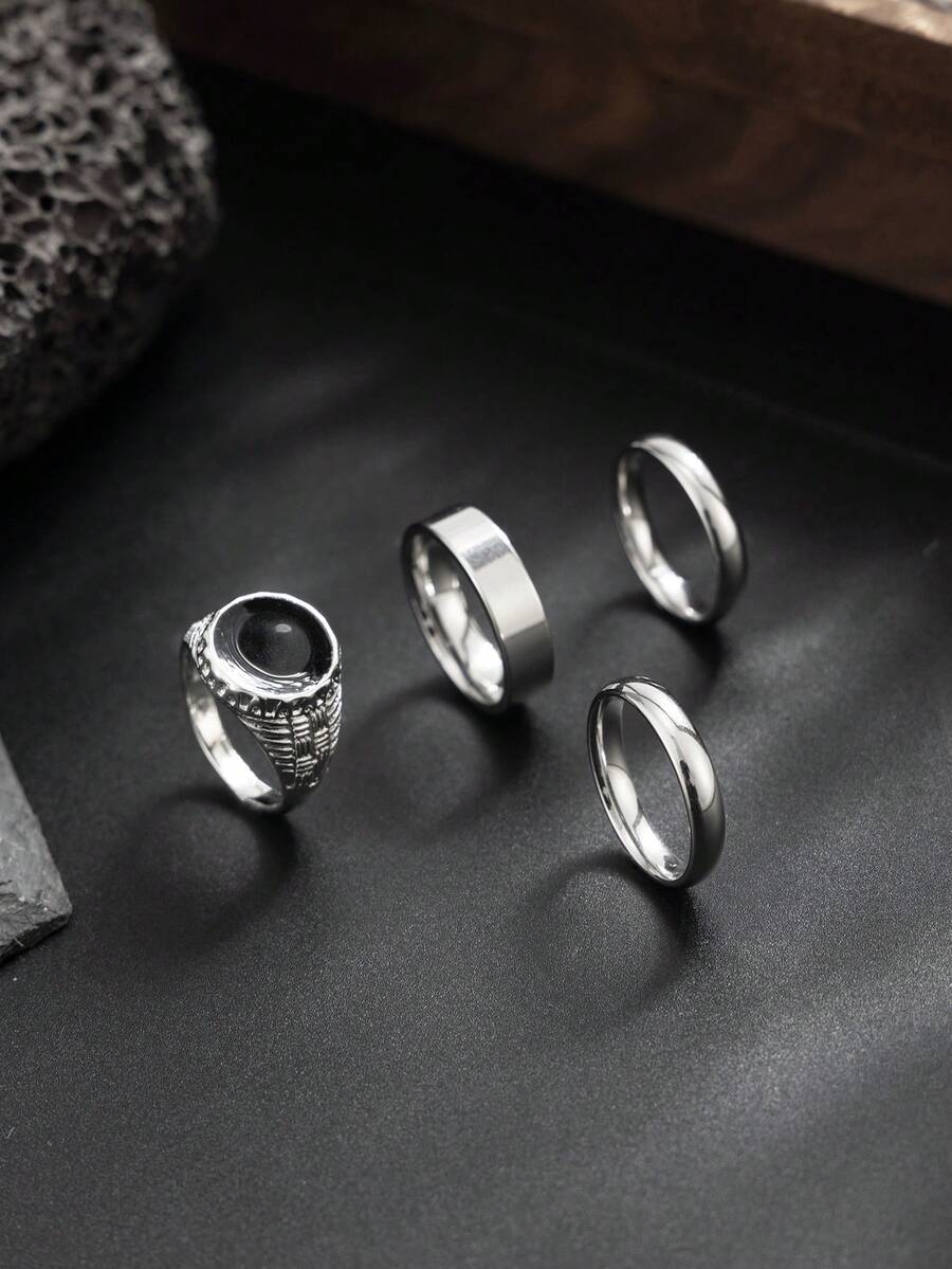 Men's 4-Piece Geometric Steel Ring Set