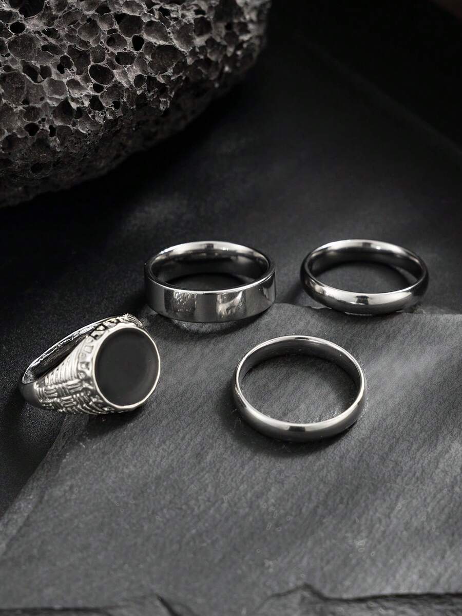 Men's 4-Piece Geometric Steel Ring Set
