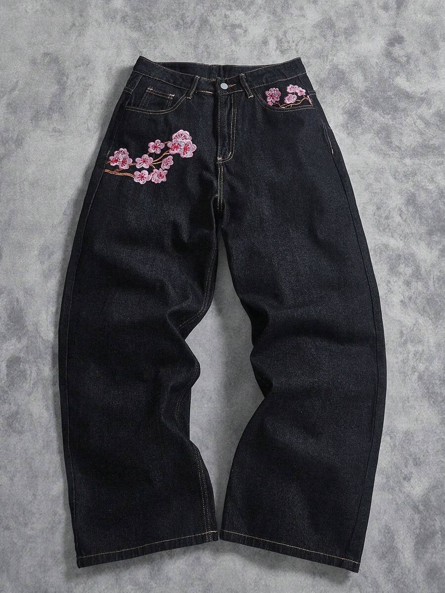 Peach Blossom Embroidered Wide-Leg Jeans