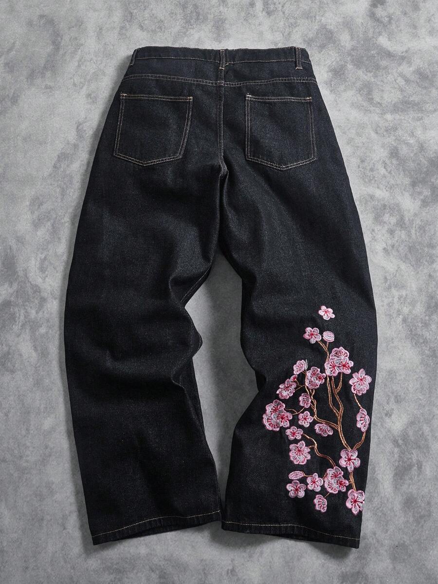 Peach Blossom Embroidered Wide-Leg Jeans