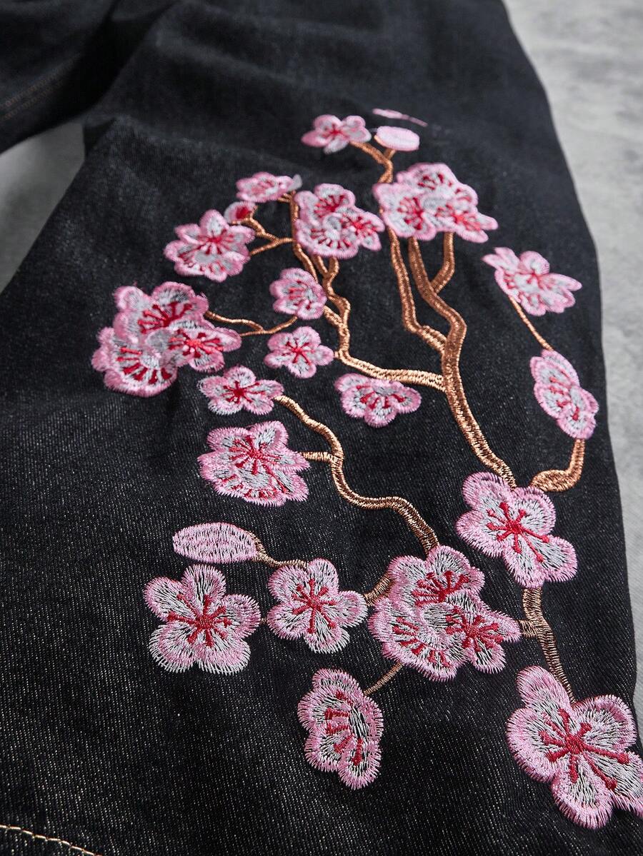 Peach Blossom Embroidered Wide-Leg Jeans