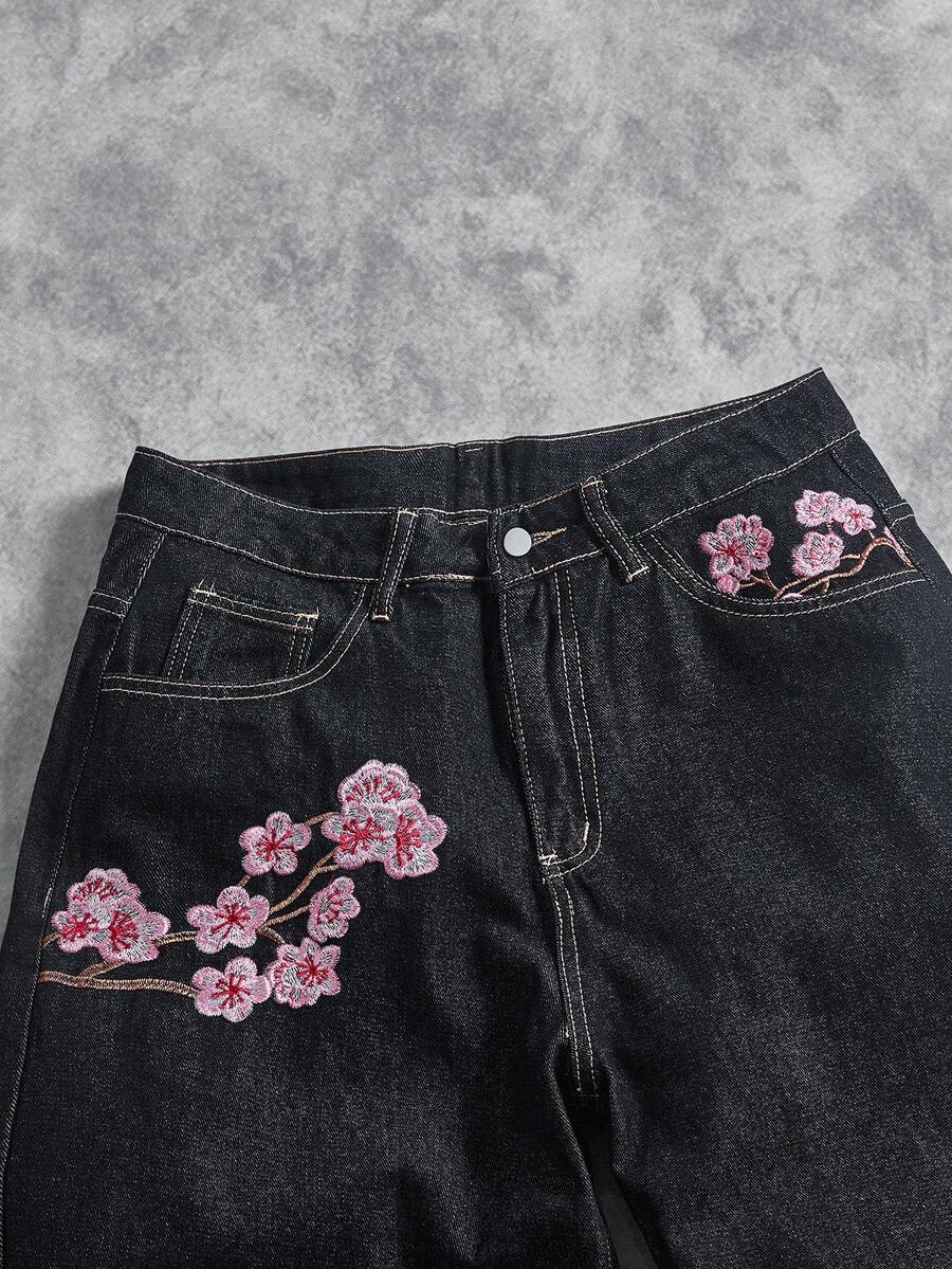 Peach Blossom Embroidered Wide-Leg Jeans