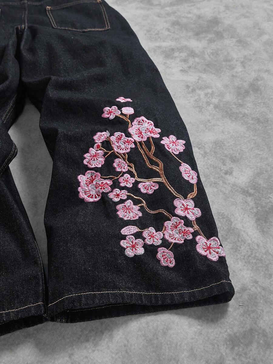 Peach Blossom Embroidered Wide-Leg Jeans
