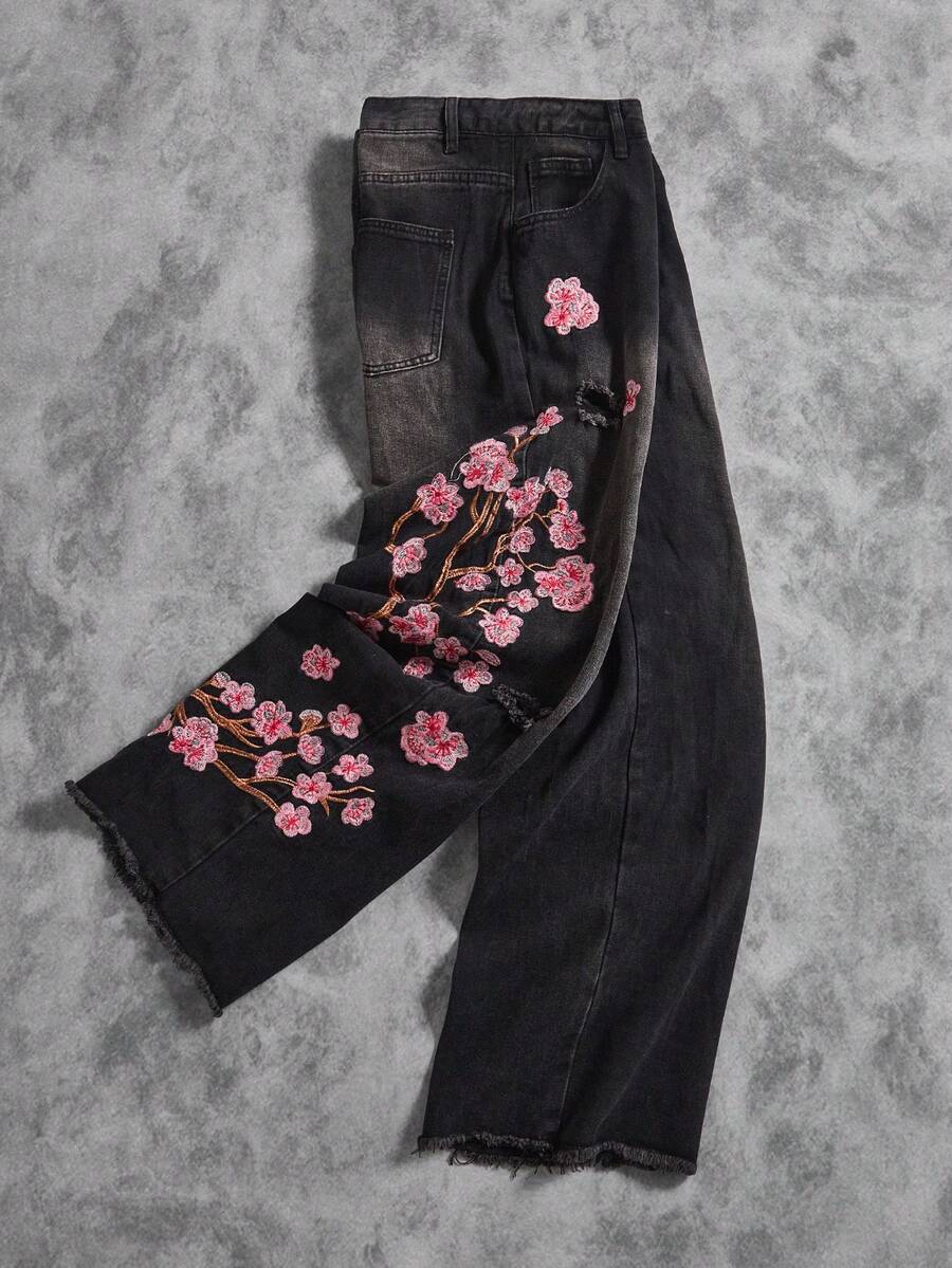 Peach Blossom Embroidered Wide-Leg Jeans