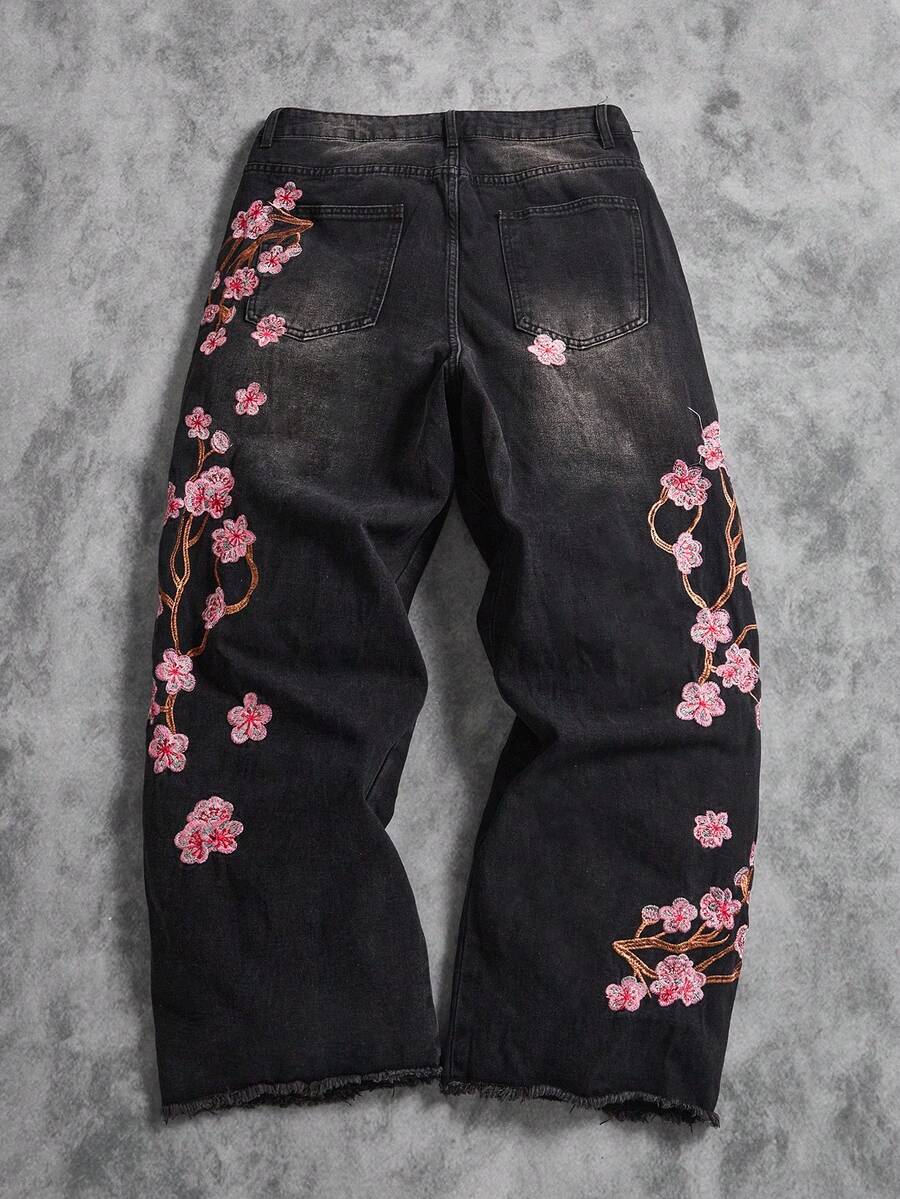 Peach Blossom Embroidered Wide-Leg Jeans