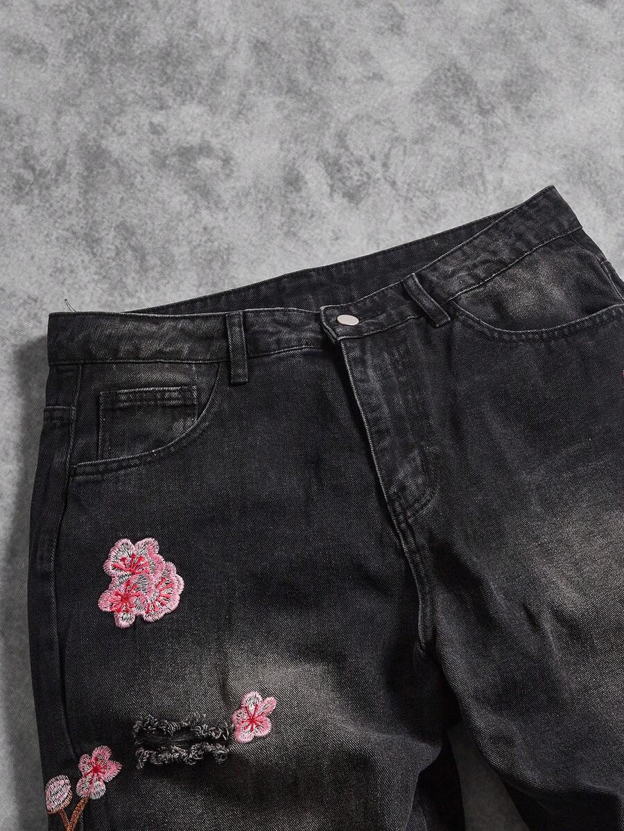 Peach Blossom Embroidered Wide-Leg Jeans