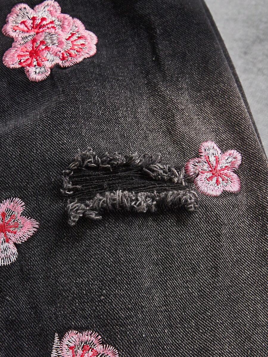 Peach Blossom Embroidered Wide-Leg Jeans