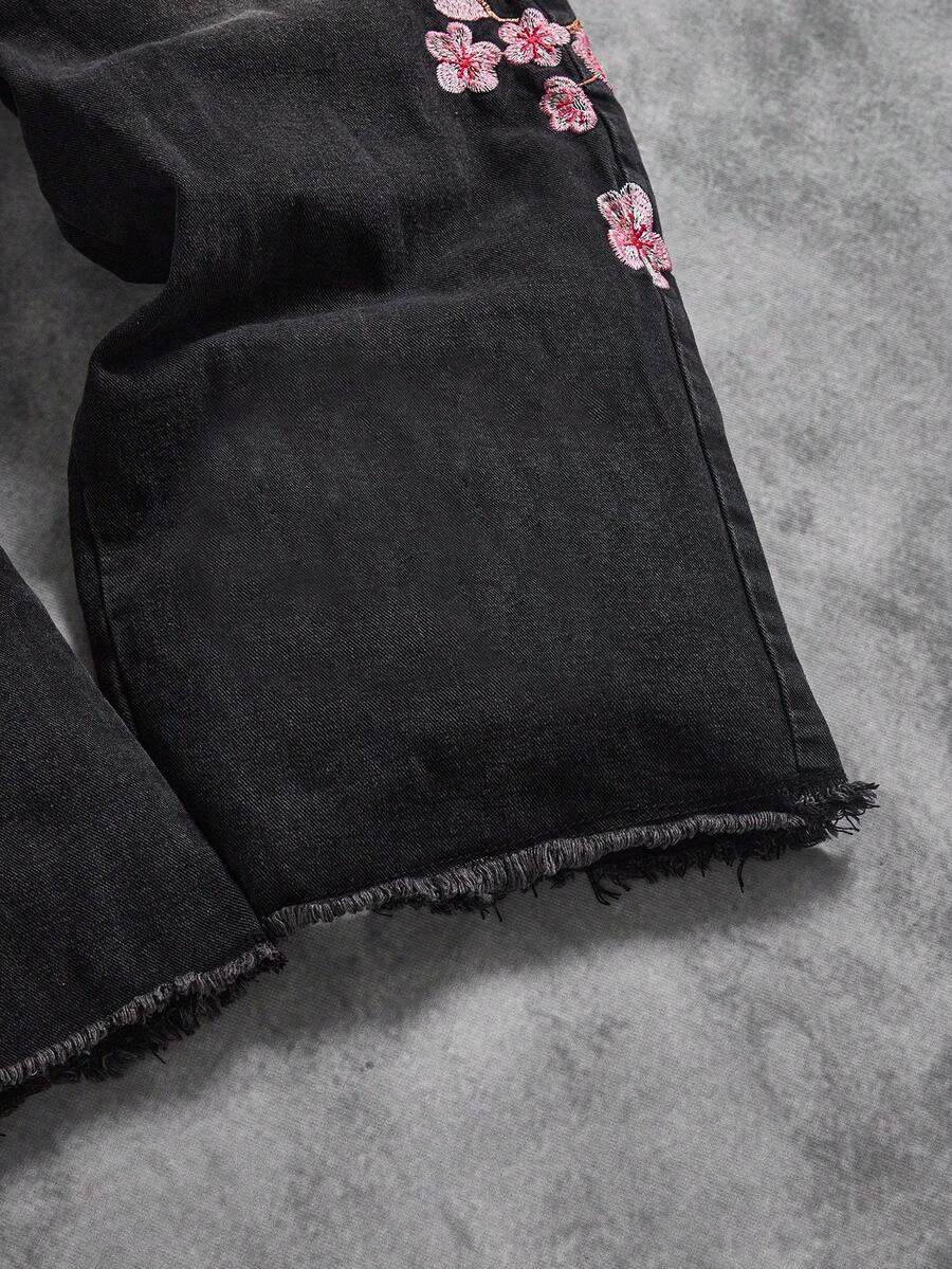 Peach Blossom Embroidered Wide-Leg Jeans