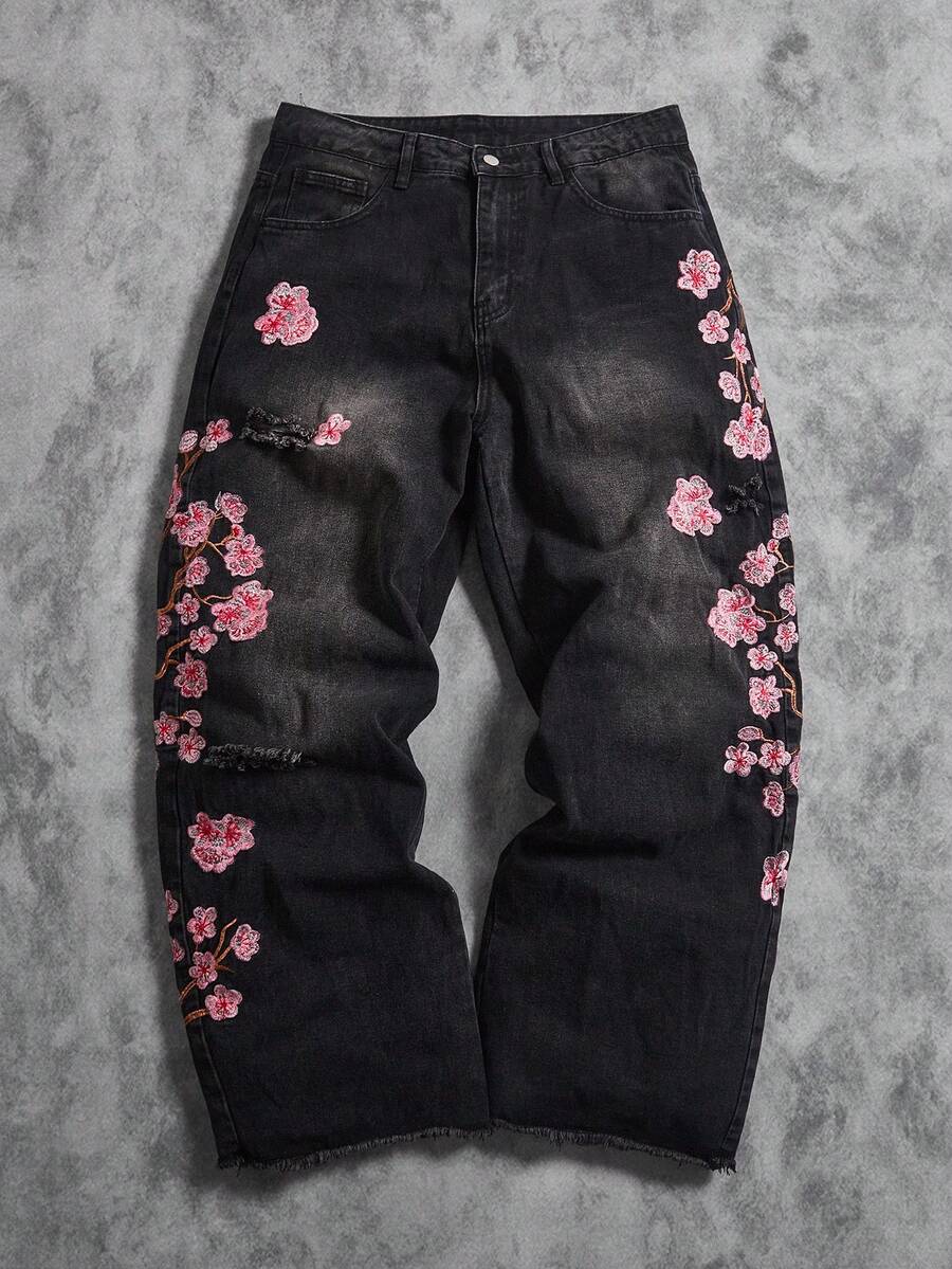 Peach Blossom Embroidered Wide-Leg Jeans