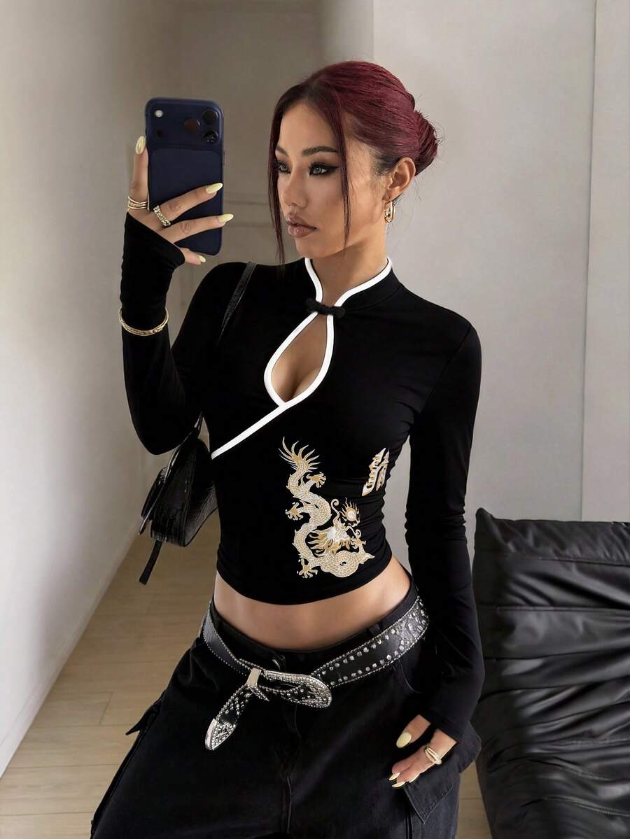 Women's Apricot New Chinese Style Dragon Print Slim Fit Y2K Retro Stand Collar Long Sleeve T-Shirt