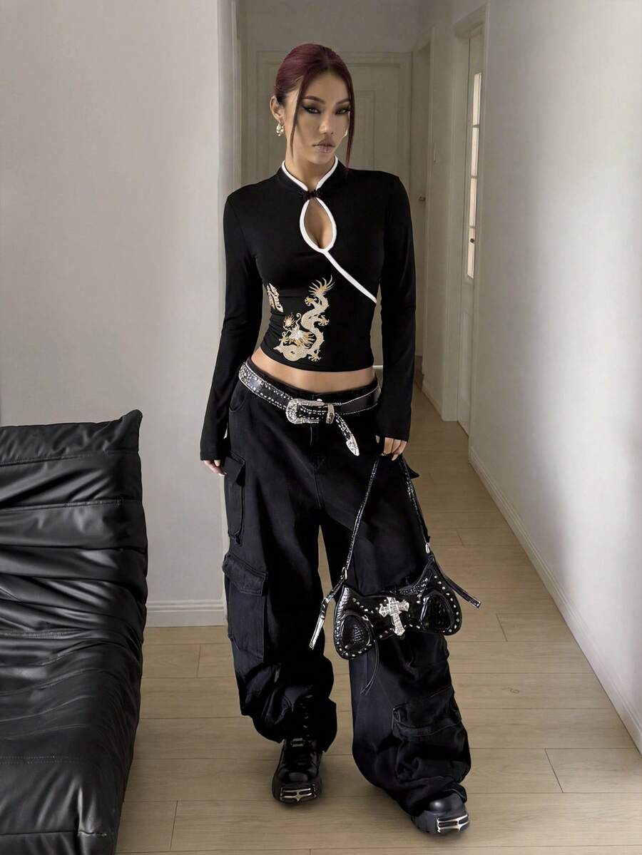 Women's Apricot New Chinese Style Dragon Print Slim Fit Y2K Retro Stand Collar Long Sleeve T-Shirt