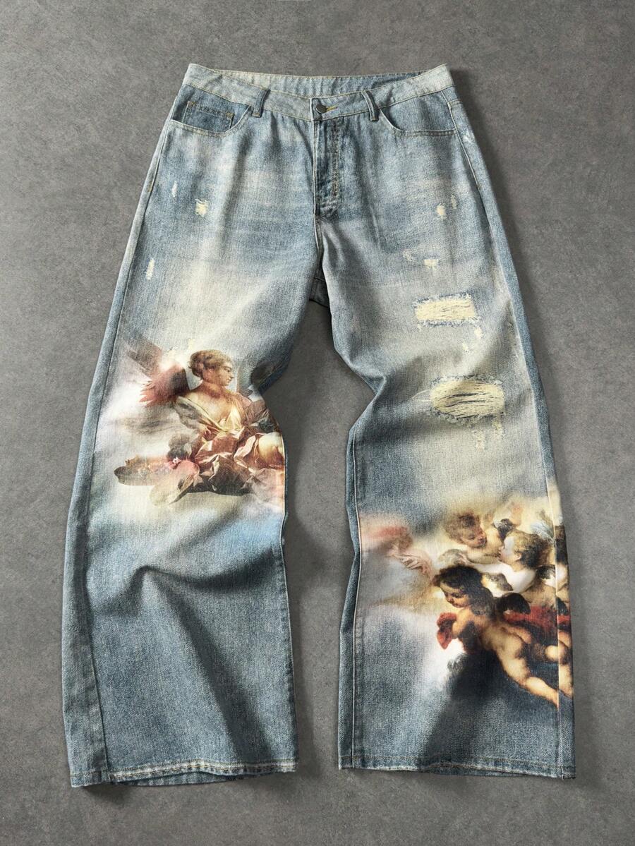 Angel Graphic Wide Leg Ripped Jeans