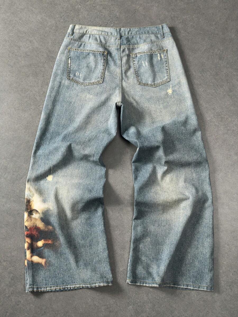 Angel Graphic Wide Leg Ripped Jeans