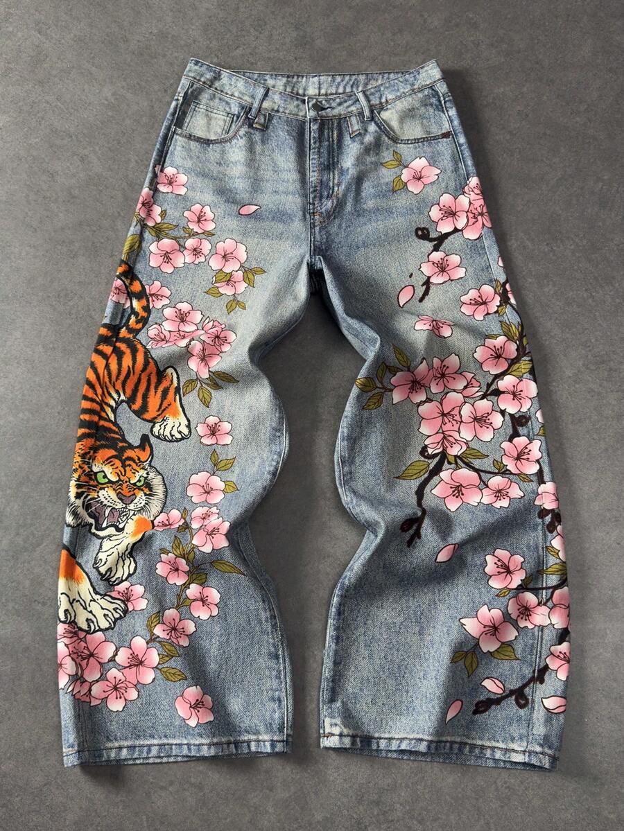 Floral Tiger Print Wide Leg Jeans