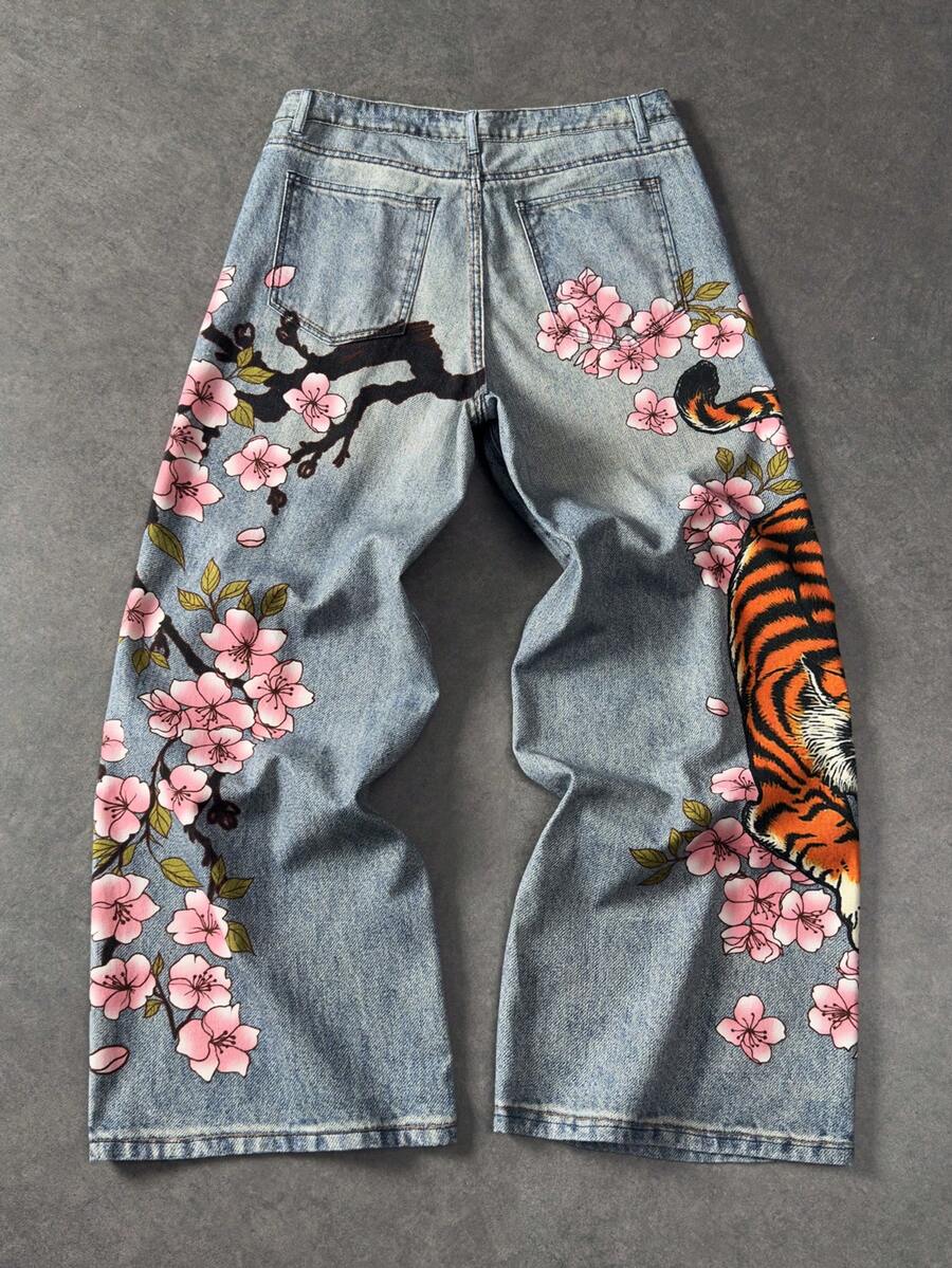 Floral Tiger Print Wide Leg Jeans