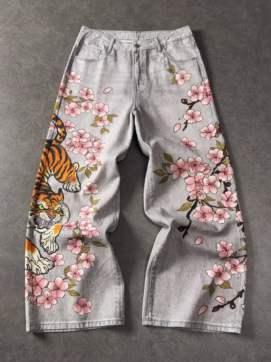 Floral Tiger Print Wide Leg Jeans