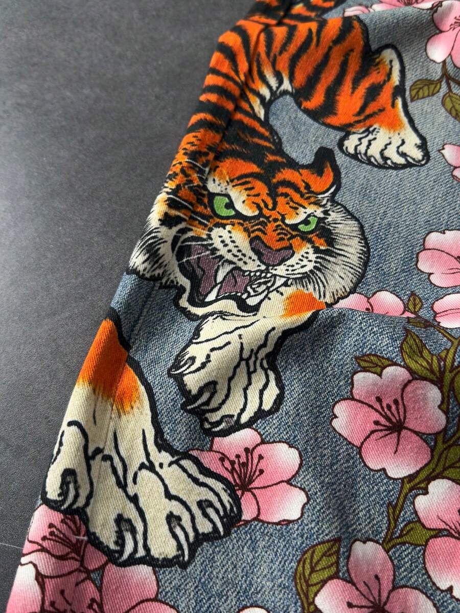 Floral Tiger Print Wide Leg Jeans