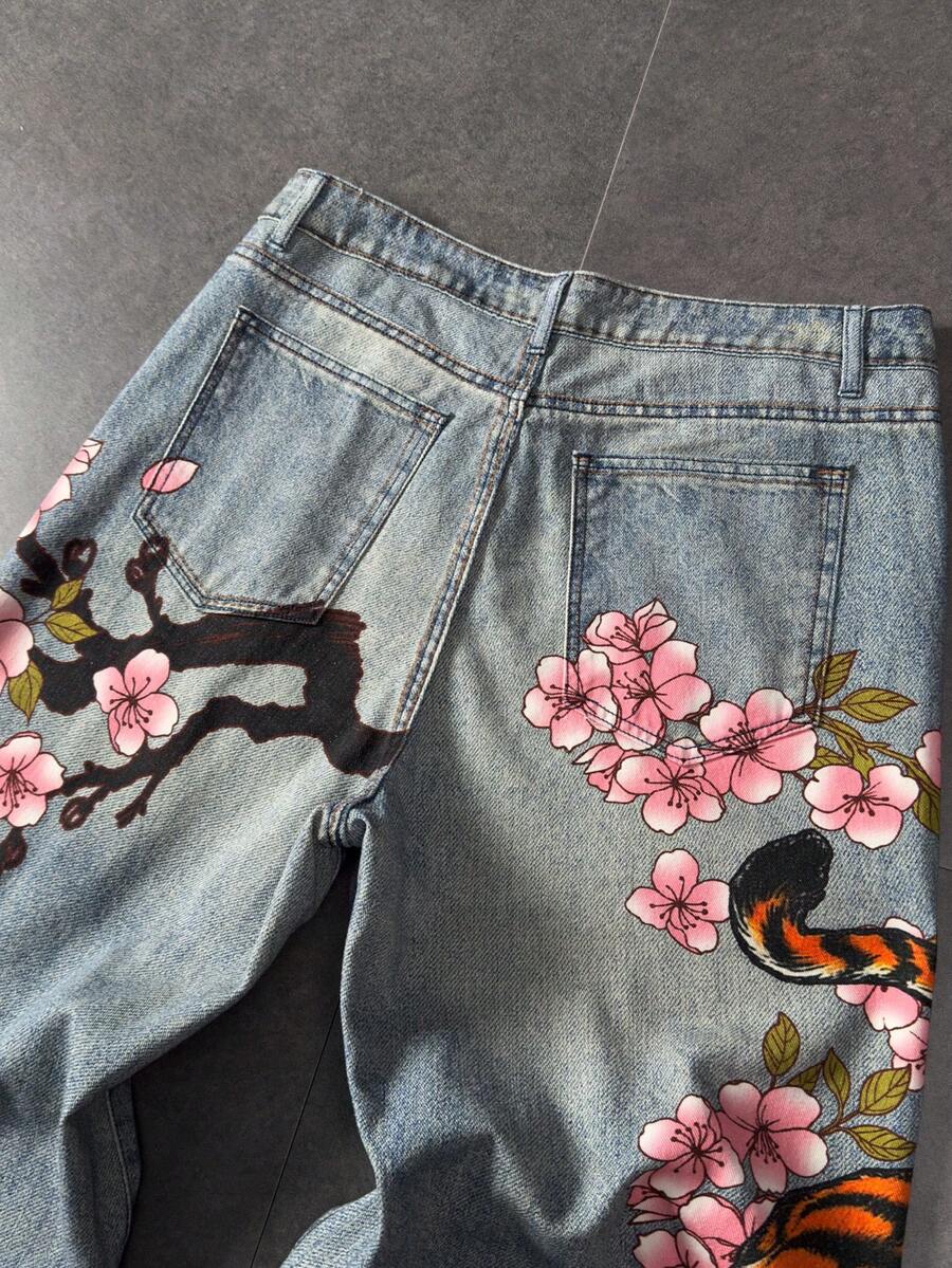 Floral Tiger Print Wide Leg Jeans