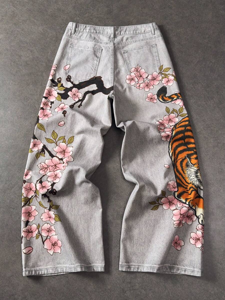 Floral Tiger Print Wide Leg Jeans