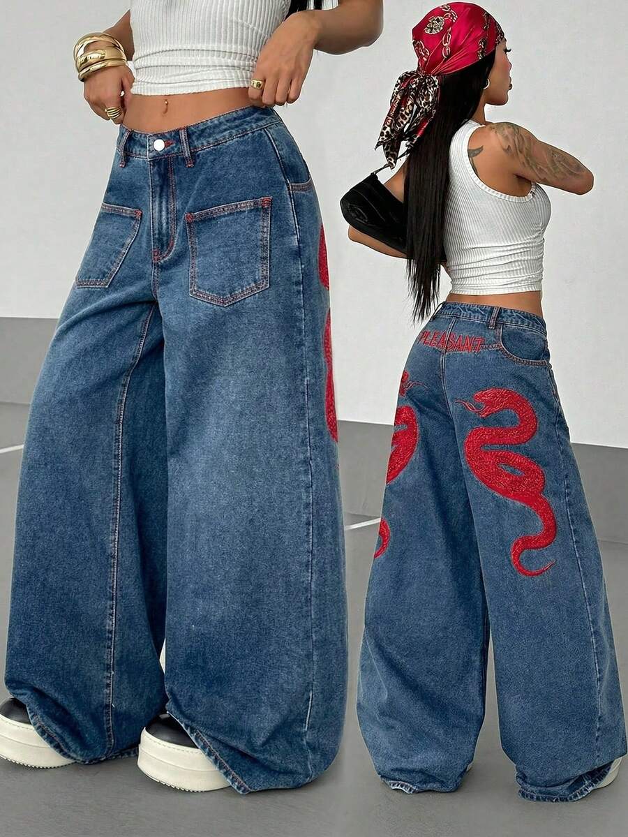 Women's Street Casual Y2K Style Embroidered Wide Leg Jeans