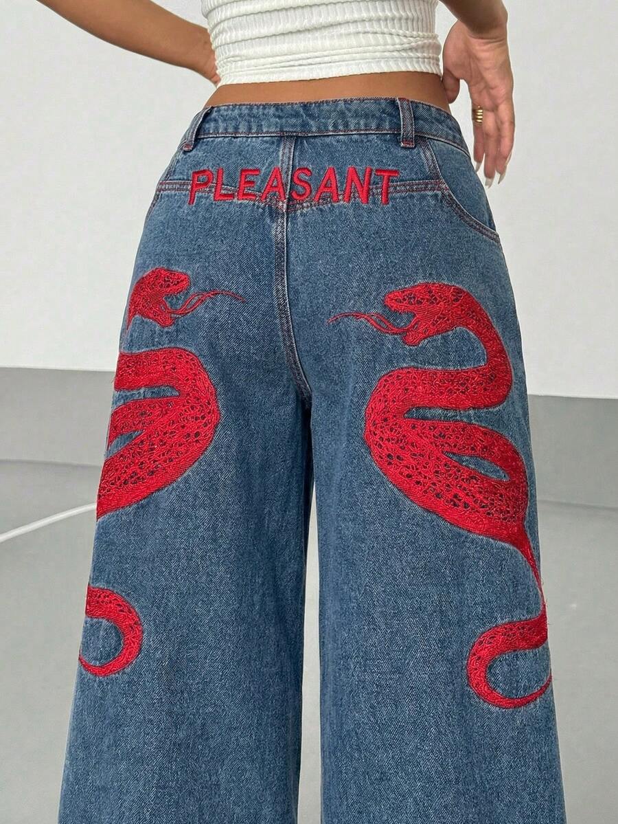 Women's Street Casual Y2K Style Embroidered Wide Leg Jeans