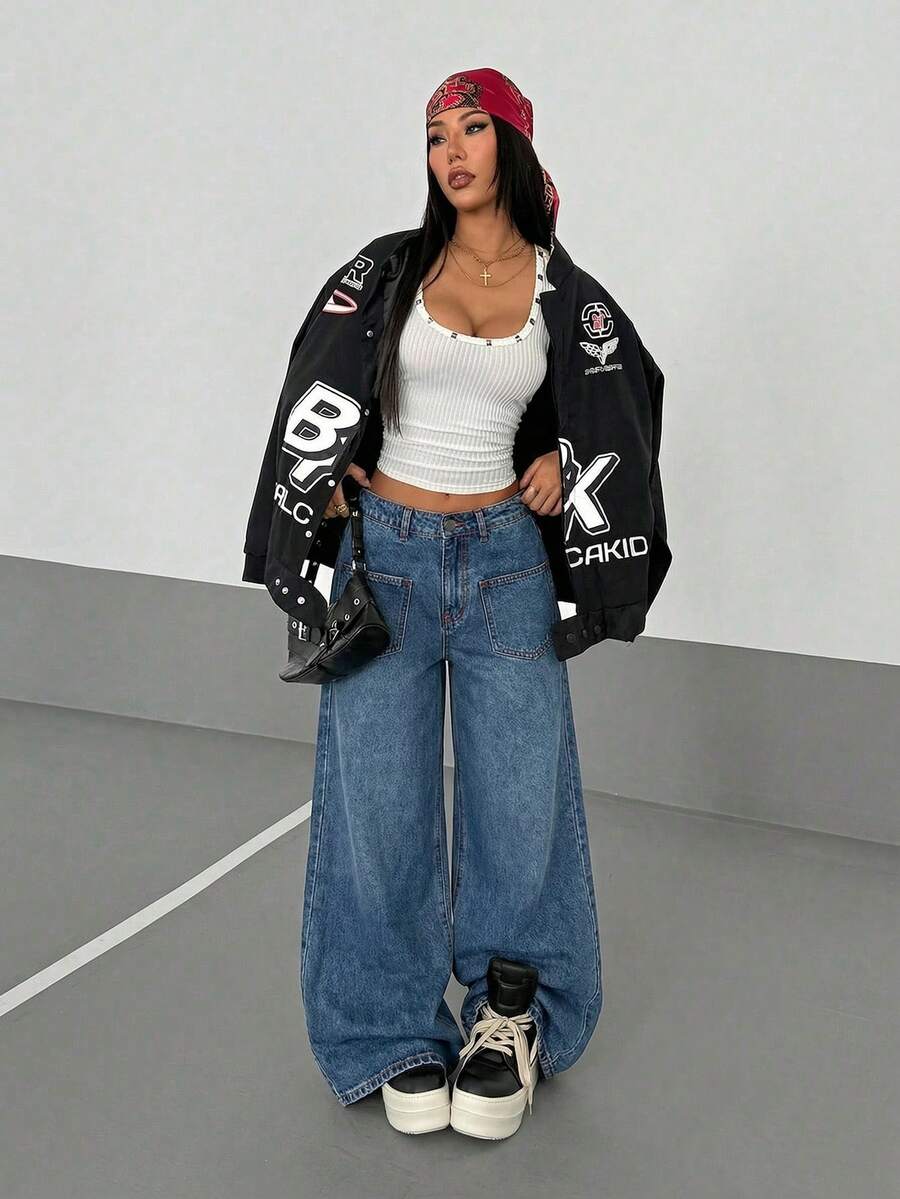 Women's Street Casual Y2K Style Embroidered Wide Leg Jeans