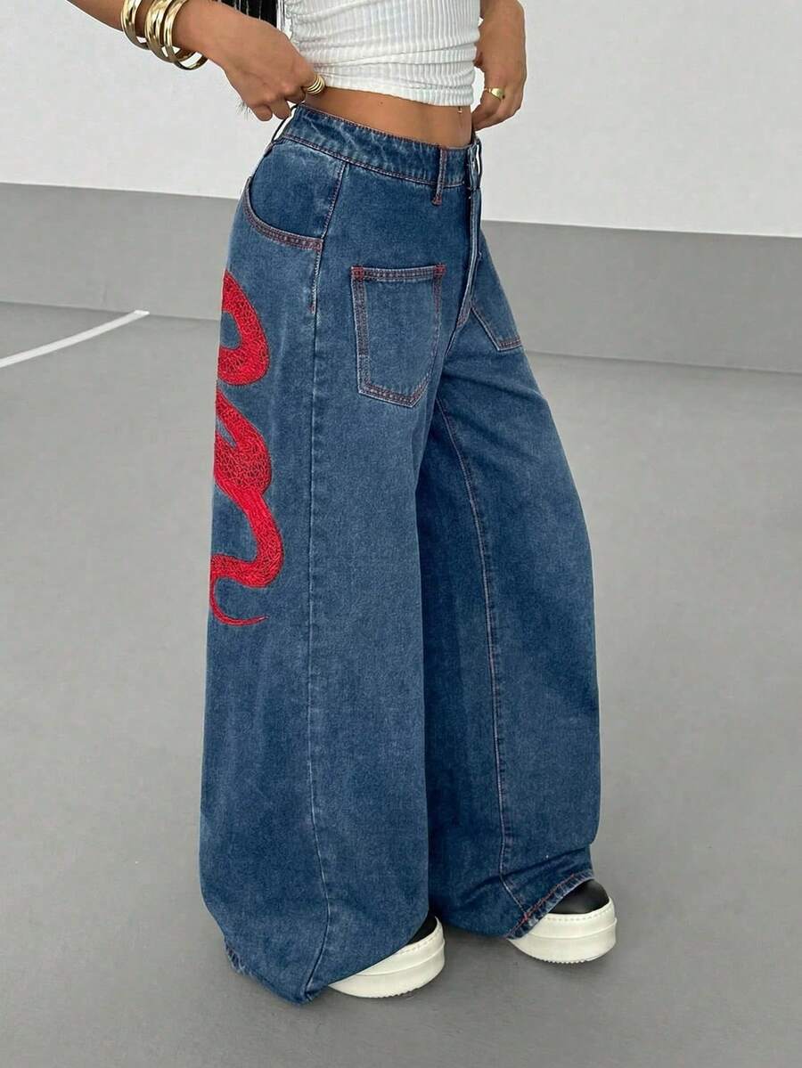 Women's Street Casual Y2K Style Embroidered Wide Leg Jeans