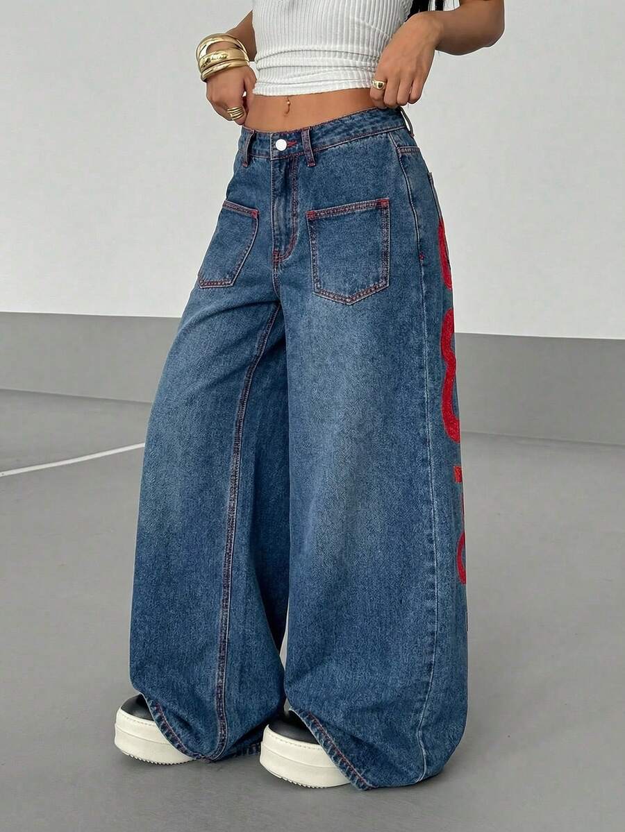 Women's Street Casual Y2K Style Embroidered Wide Leg Jeans