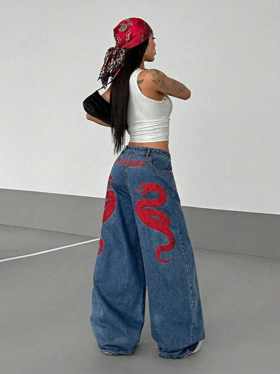 Women's Street Casual Y2K Style Embroidered Wide Leg Jeans