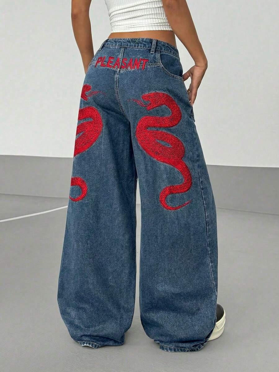 Women's Street Casual Y2K Style Embroidered Wide Leg Jeans