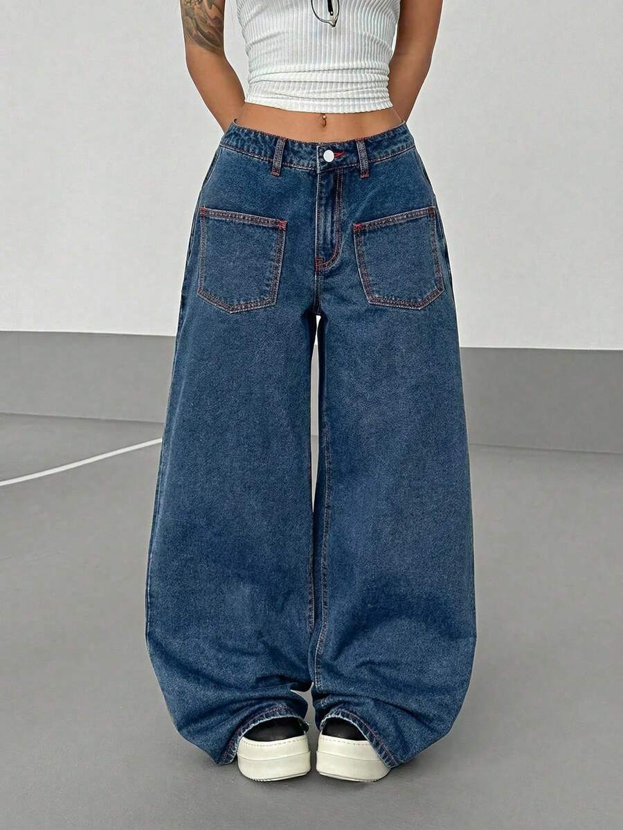 Women's Street Casual Y2K Style Embroidered Wide Leg Jeans