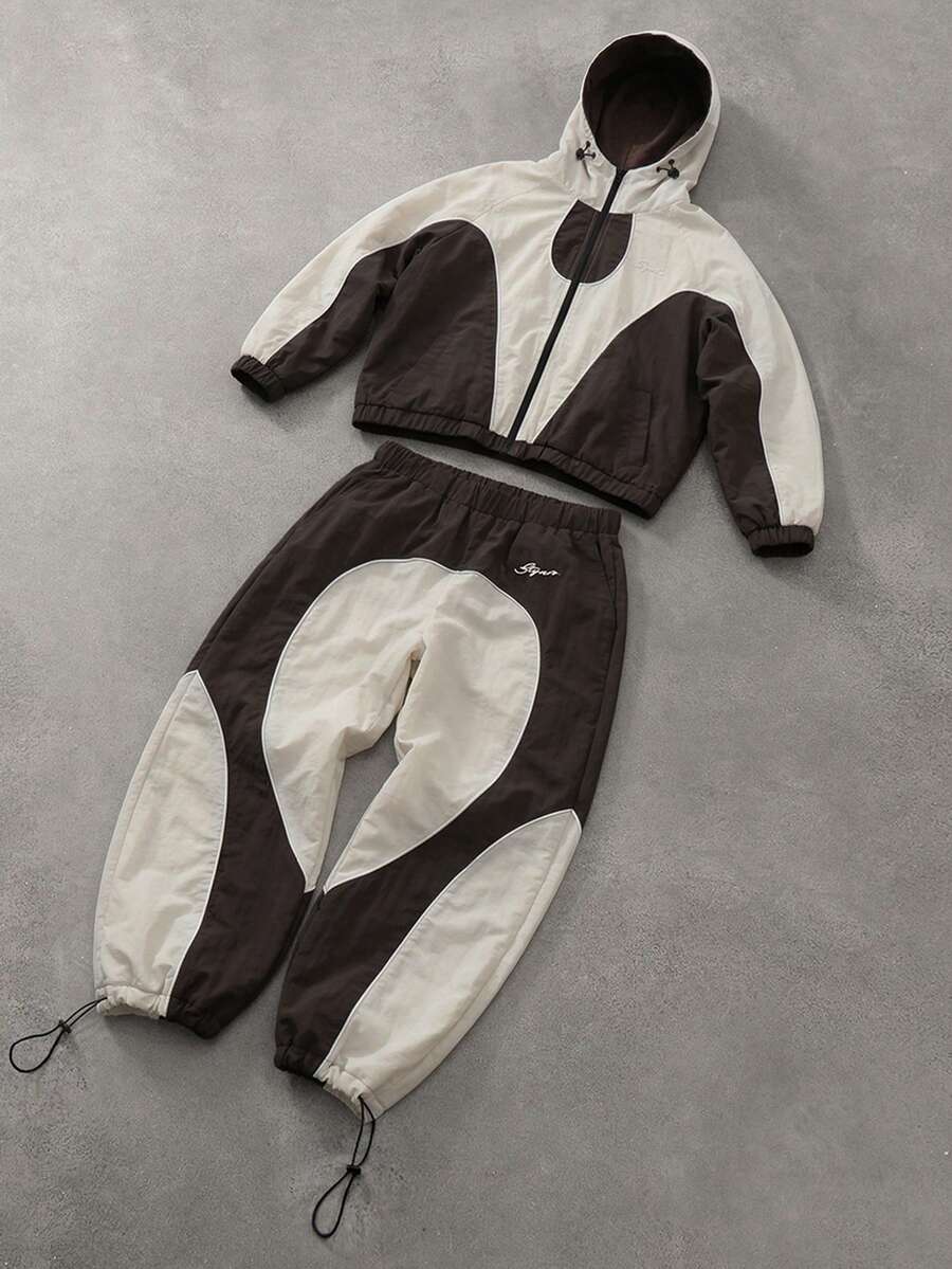 Men's Two-Tone Zip Front Hoodie & Drawstring Pants Casual Tracksuit Set