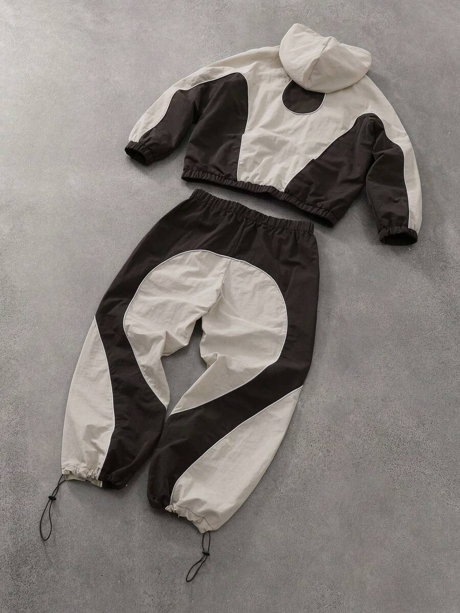 Men's Two-Tone Zip Front Hoodie & Drawstring Pants Casual Tracksuit Set