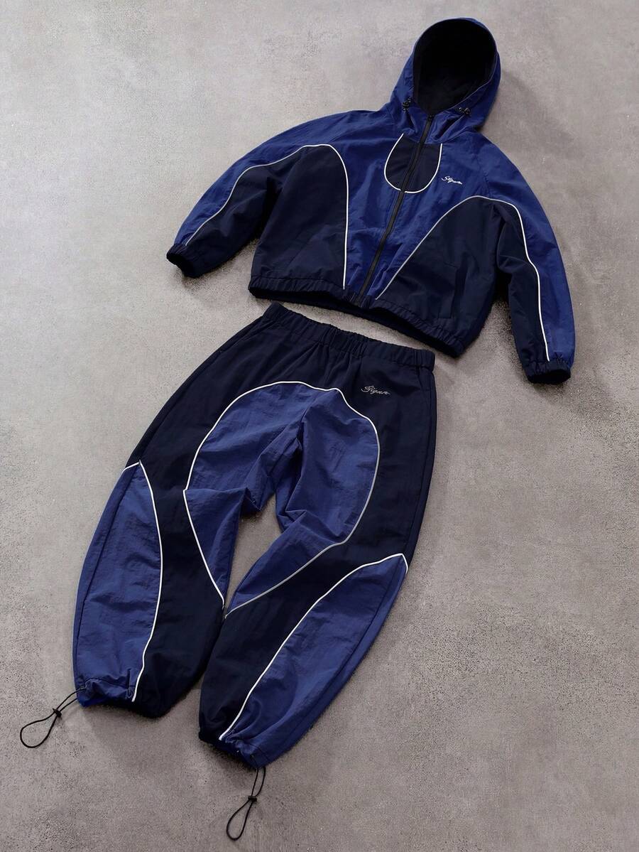 Men's Two-Tone Zip Front Hoodie & Drawstring Pants Casual Tracksuit Set
