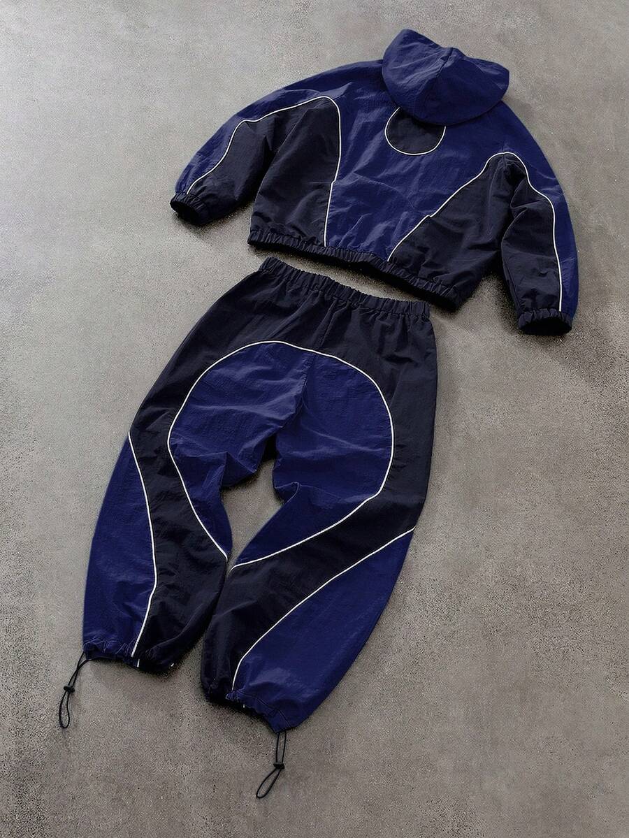Men's Two-Tone Zip Front Hoodie & Drawstring Pants Casual Tracksuit Set