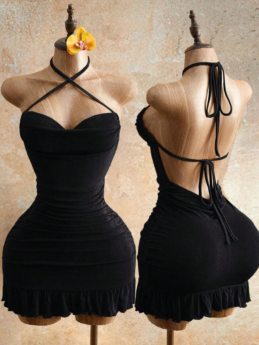 Drawstring Halter Cami Mini Bodycon Dress