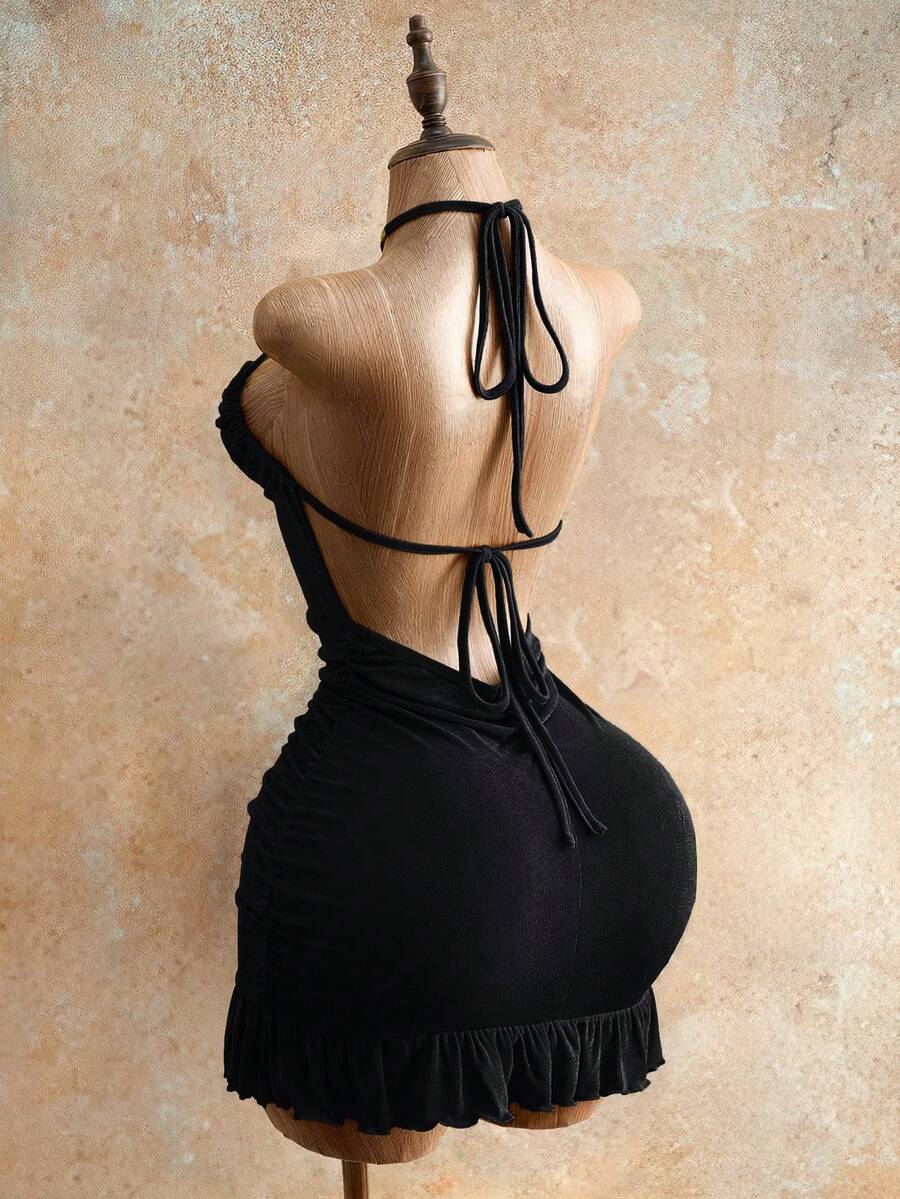 Drawstring Halter Cami Mini Bodycon Dress