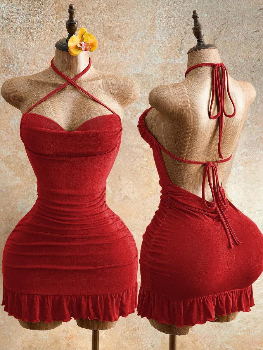 Drawstring Halter Cami Mini Bodycon Dress