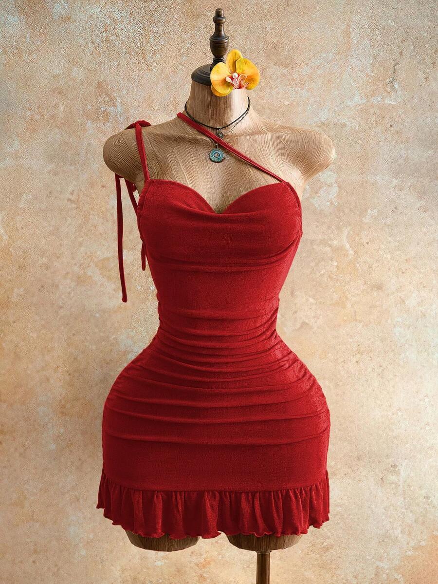 Drawstring Halter Cami Mini Bodycon Dress
