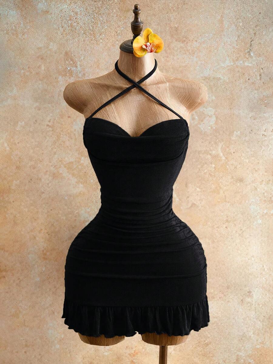 Drawstring Halter Cami Mini Bodycon Dress