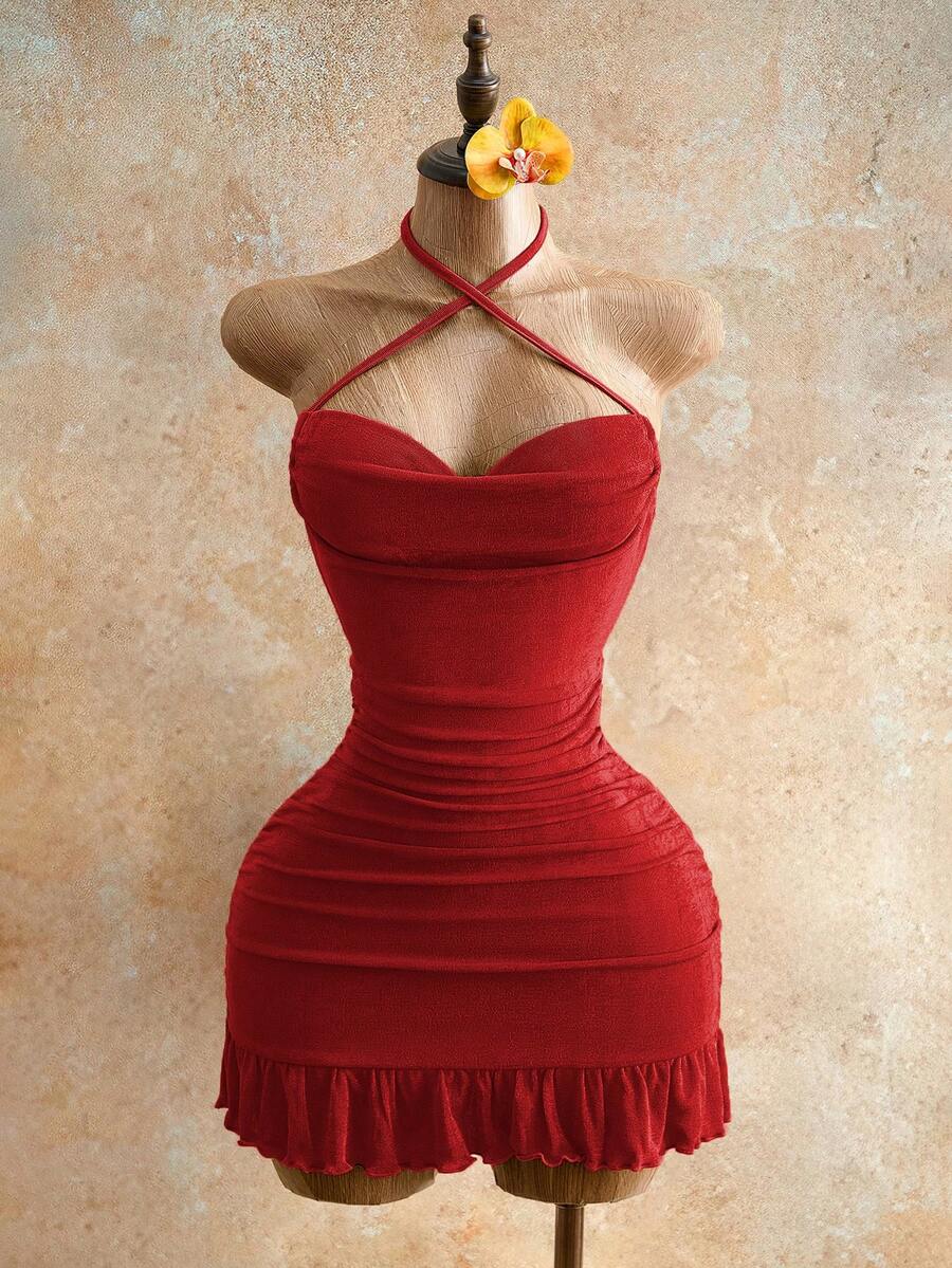 Drawstring Halter Cami Mini Bodycon Dress