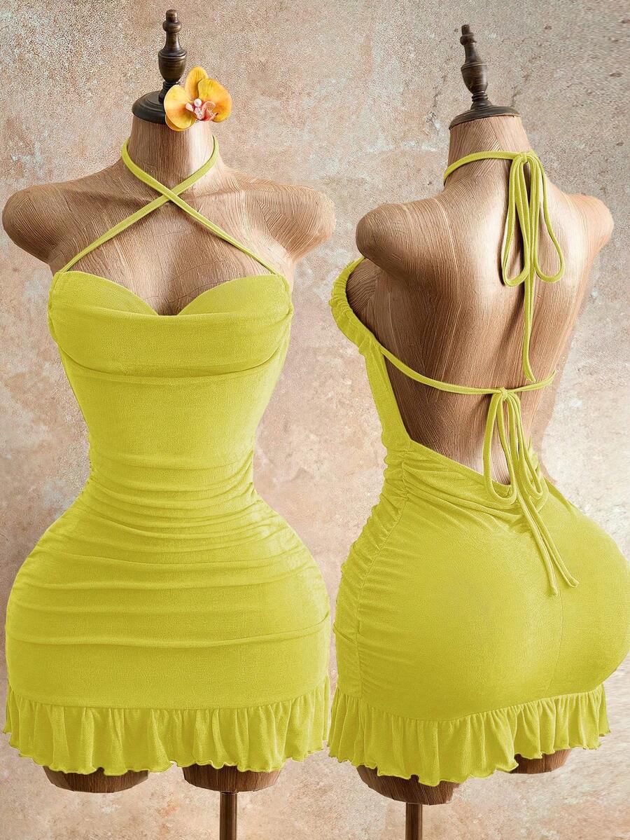 Drawstring Halter Cami Mini Bodycon Dress