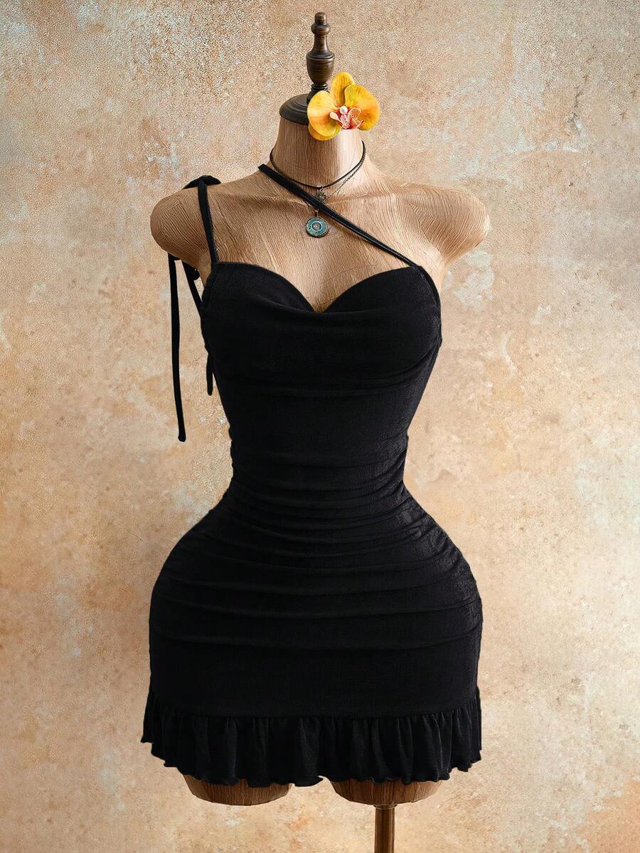 Drawstring Halter Cami Mini Bodycon Dress