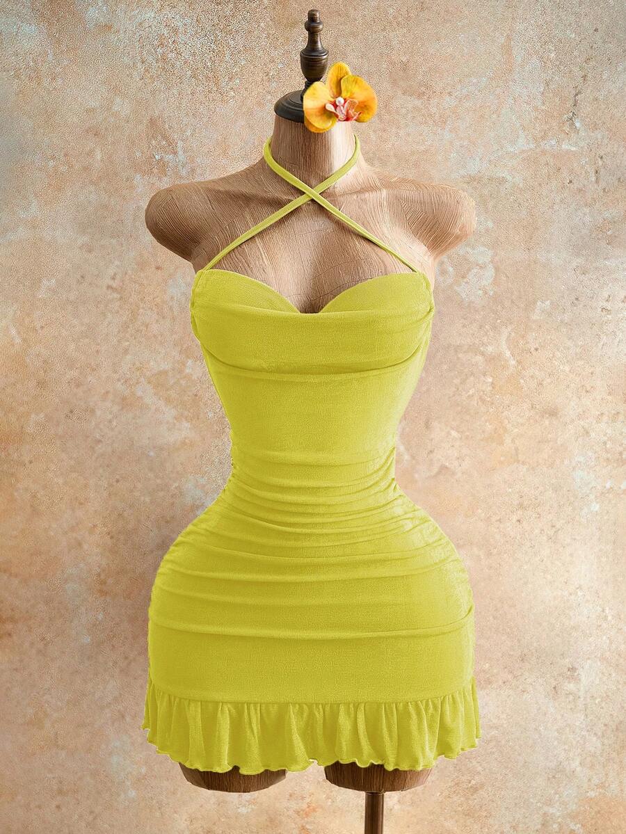 Drawstring Halter Cami Mini Bodycon Dress