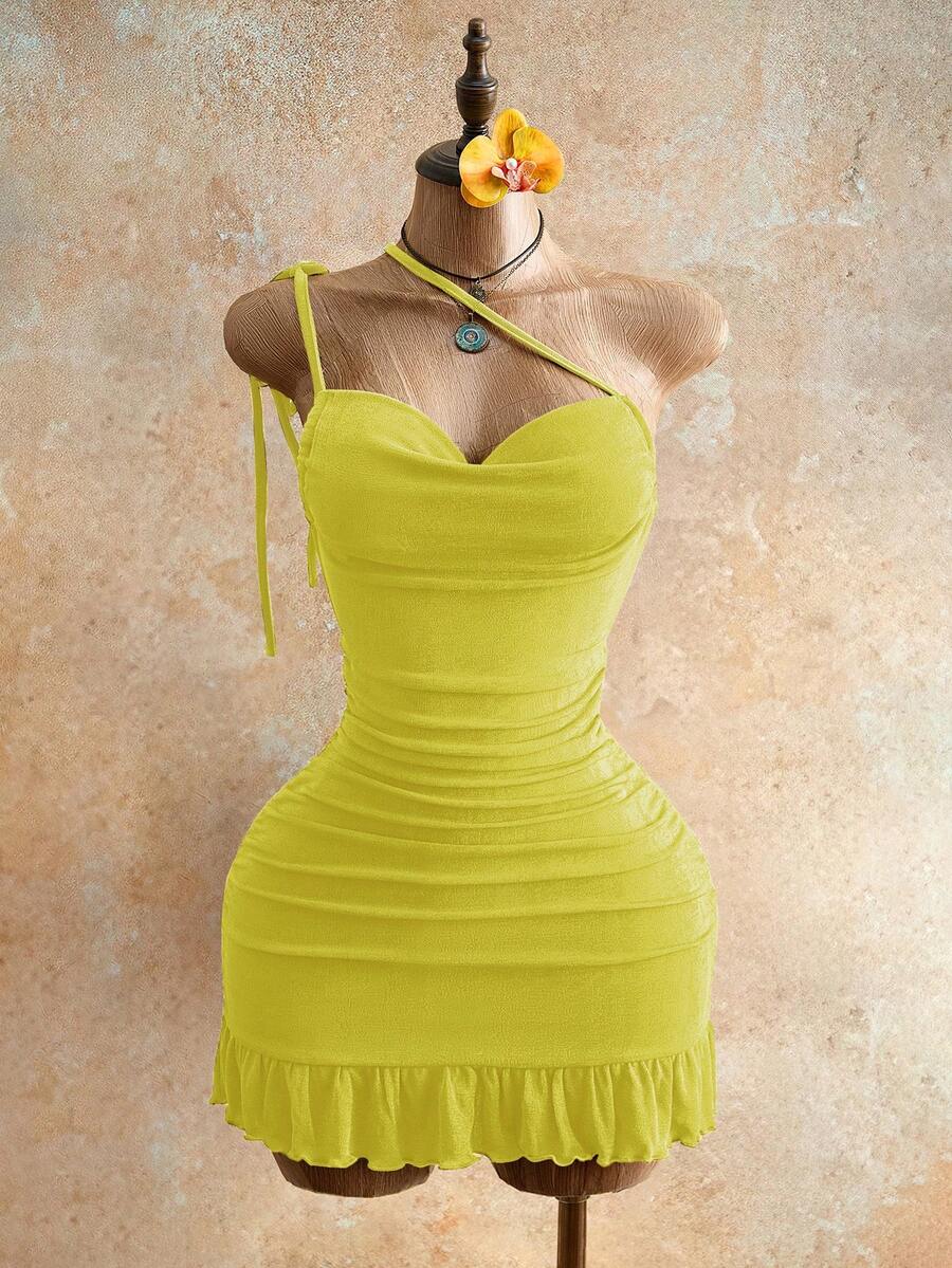 Drawstring Halter Cami Mini Bodycon Dress